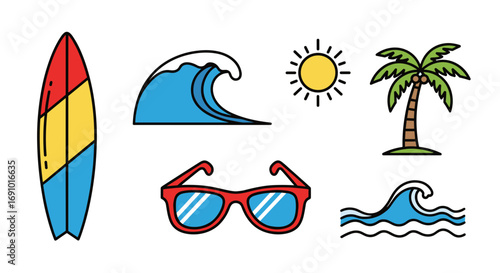 Illustration of summer beach icons with surfboard and palm tree scene