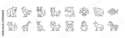 Wild and domestic animals line icon set - Collection of outline icons featuring various animals including bear, dog, cat, lion, dolphin, panda, penguin, horse, giraffe, and fish.
