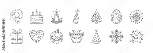 Celebration and holiday symbols line icon set - Collection of outline icons featuring holiday and celebration symbols such as birthday cake, balloons, Christmas tree, Easter egg, and gifts.
