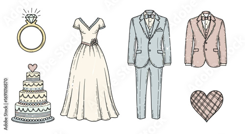 Illustration of wedding ring dress cake and suits for bride and groom attire