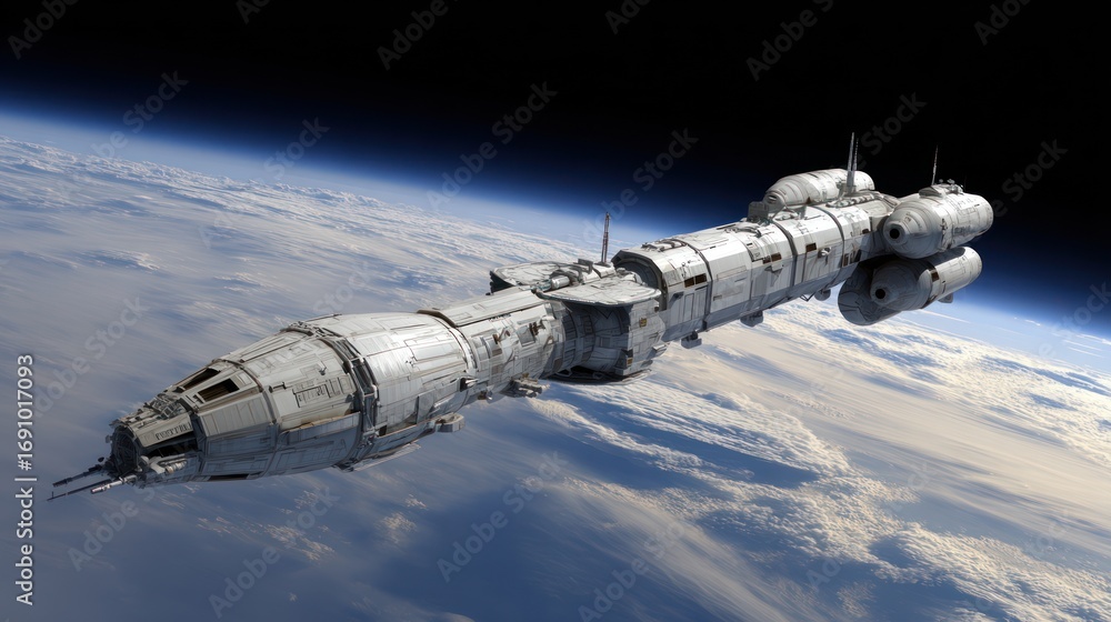 Fototapeta premium Futuristic spacecraft above Earth