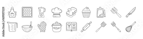 Cooking and Baking Line Icon Set Collection - Minimal line icons featuring various cooking and baking tools including utensils, ingredients, and kitchen essentials for culinary themed designs.
