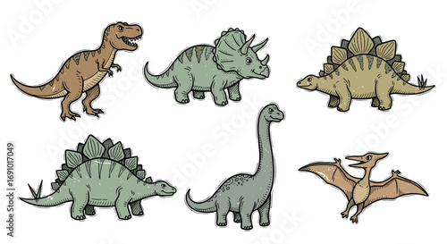 Illustration showing a collection of six different cartoon dinosaurs