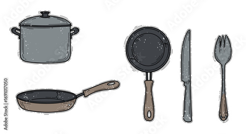 Illustration of a pot with lid and several cooking utensils present