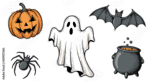 Illustration featuring a pumpkin, ghost, bat, spider, and cauldron pot