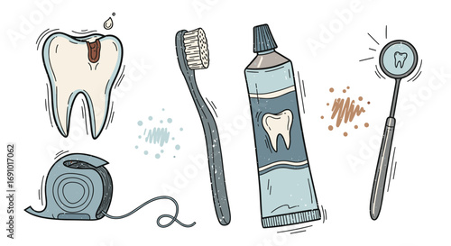 Dental hygiene set with toothbrush, toothpaste, floss and dental mirror