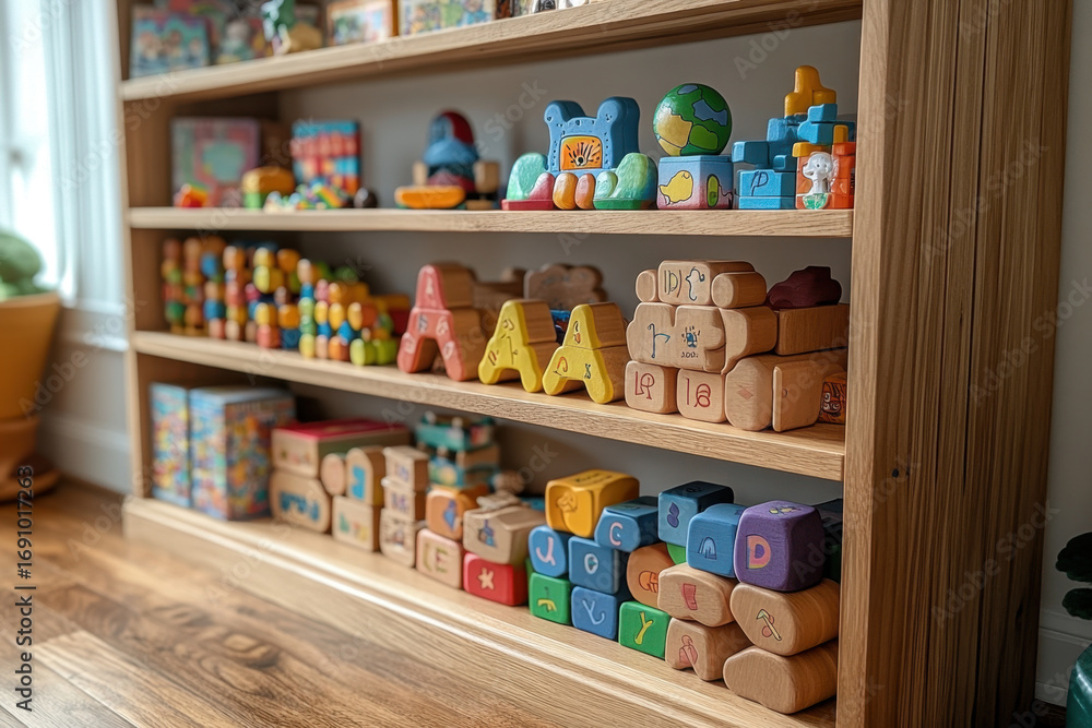 Fototapeta premium Wooden blocks on wooden shelf.