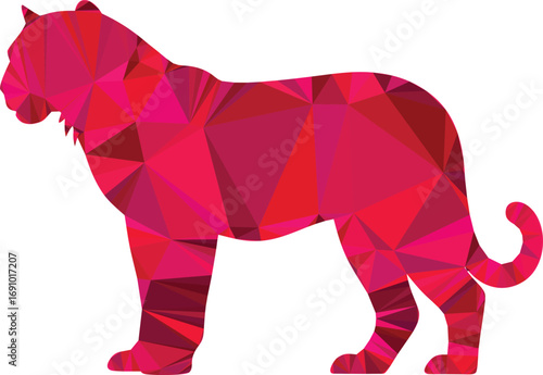 A Crimson Polygonal Tiger Stands in Profile, a Geometric Animal Illustration