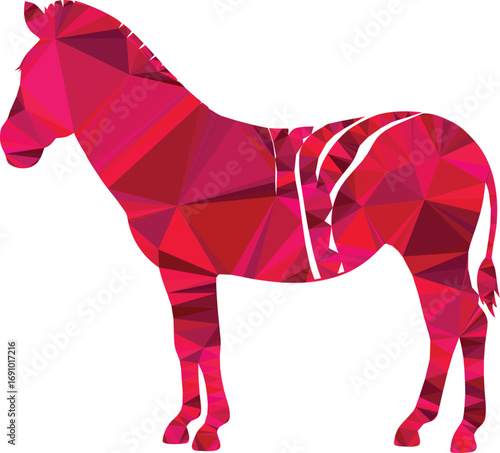 A geometric red zebra stands in profile, a vibrant and modern polygonal design