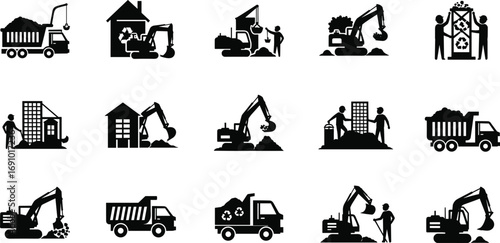 Silhouettes of construction and demolition workers, excavators, dump trucks, and recycling equipment used at building sites for material removal.