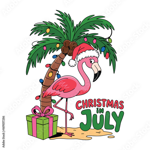 Whimsical cartoon flamingo wearing Santa hat next to decorated palm tree with Christmas in July text on white background