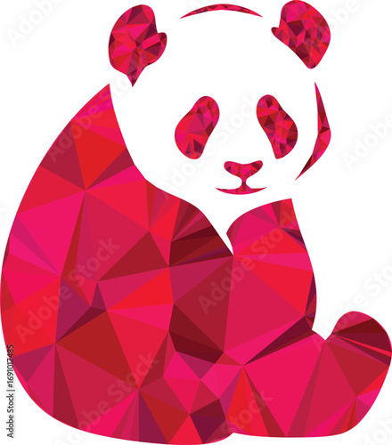 A red polygonal panda sits in a minimalist design