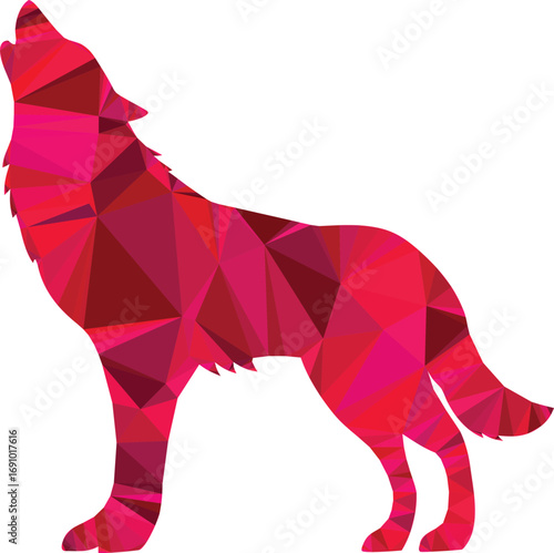 A red and pink polygonal wolf howls in a vibrant artistic style