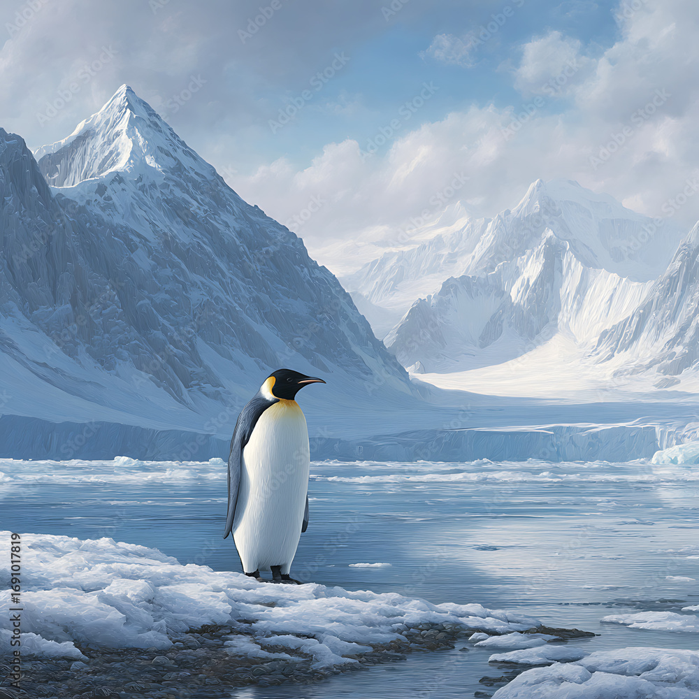 Obraz premium Majestic penguin stands alone in icy antarctic landscape with snow-capped mountains