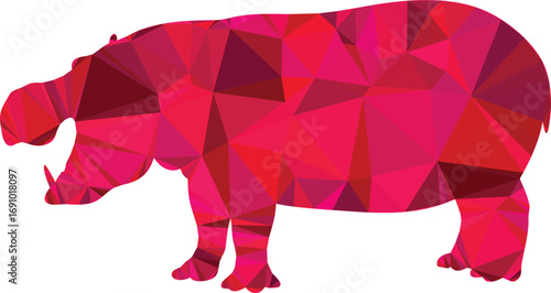 A geometric pink hippopotamus stands in a lowpolygonal style