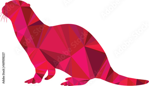 A vibrant red polygonal otter stands alert in a minimalist design