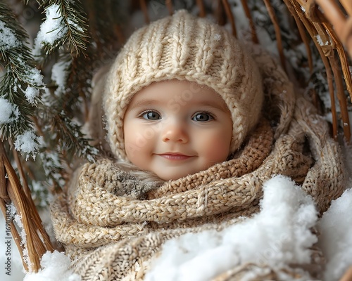 Adorable baby bundled in warm knitted hat and scarf resting in a snowy winter basket surrounded by pine branches