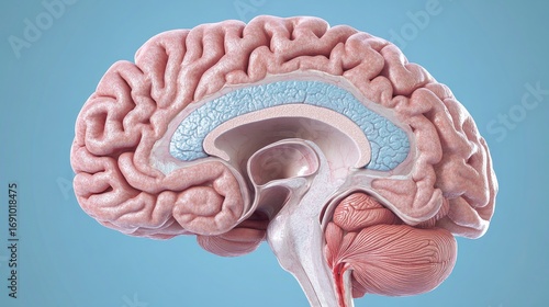 Detailed anatomical illustration of a human brain showcasing its complex structure and different sections on a blue background