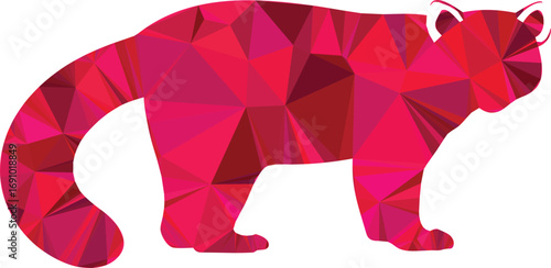 A red panda stands in profile, depicted in a vibrant geometric polygon style