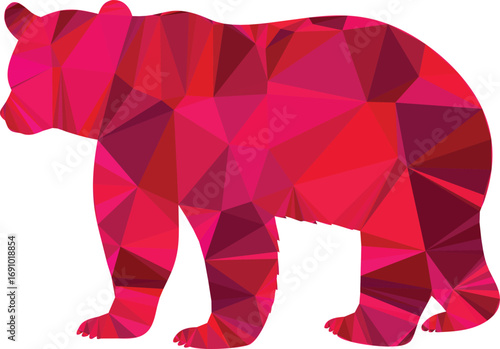 A polygonal bear stands in a geometric red and pink design