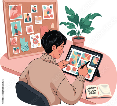 Cartoon artist creating digital designs on tablet, colorful workspace with corkboard, sketches, creativity in every stroke, modern illustration setup