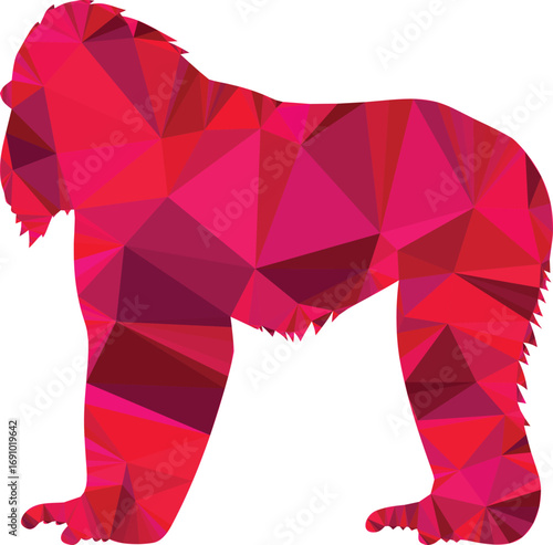 A polygonal ape stands in a vibrant red and pink geometric style
