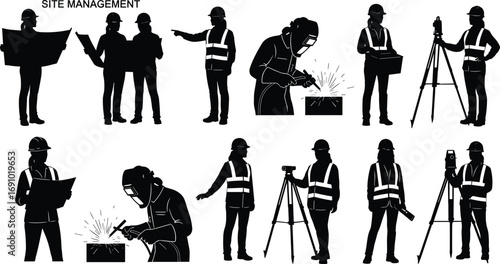 Silhouettes of construction site management, workers with blueprints, welding, surveying, safety helmets, vests, engineering team, construction planning, industrial workers.