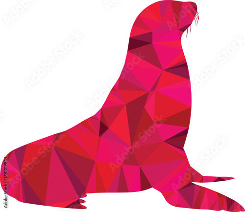 A vibrant red and pink polygonal sea lion rests in a minimalist composition