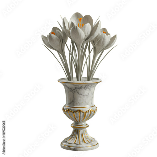 Elegant White Crocus Flower Arrangement in Ornate Vase: Exquisite Home Decor