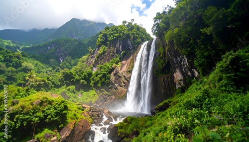 Waterfall cascades down rocky terrain, surrounded by lush green foliage. Mountains rise in the background, partially shrouded in clouds. Bright blue sky with few wispy clouds above