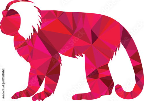 A vibrant red and pink geometric monkey stands in profile, showcasing a lowpoly design