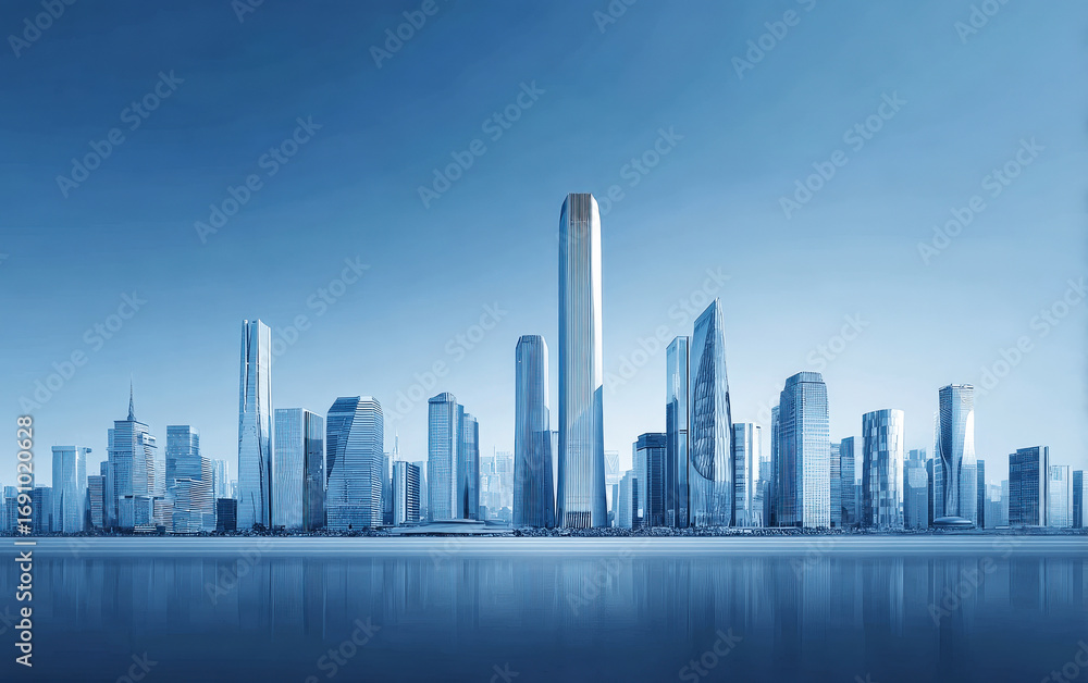 Fototapeta premium Modern city skyline with tall skyscrapers under clear blue sky