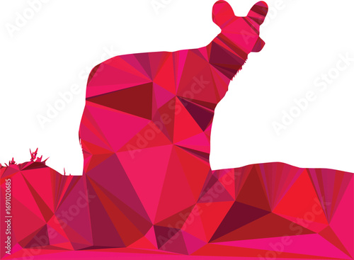 A polygonal African wild dog stands on a crimson landscape