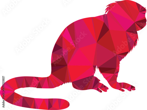 A red polygon monkey sits alertly in a low polygon style illustration