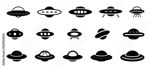 UFO icons set. A collection of various flying saucer silhouettes, representing extraterrestrial life, science fiction, and space-related themes.