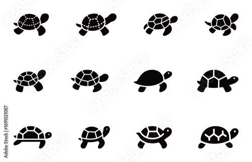 Turtle vector icons set. A collection of different turtle silhouettes, perfect for animal, nature, and slow-paced lifestyle themes.