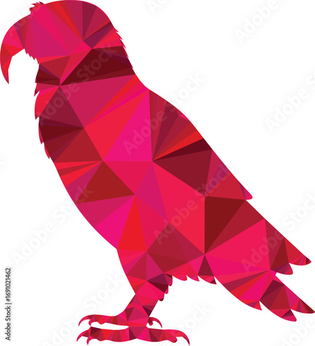A vibrant red polygonal parrot stands in a minimalist design