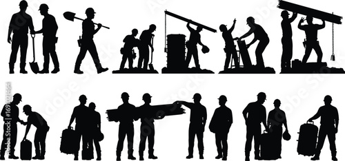 Silhouettes of construction workers using tools, carrying equipment, lifting materials, and collaborating on-site for various labor tasks.
