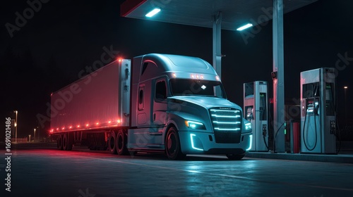 A large electric truck being charged at a high-powered station, ready to hit the road for a long-distance trip.