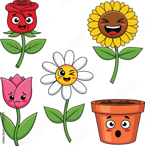 Cartoon flower emotion set with happy rose, laughing sunflower, sad tulip, winking daisy, surprised pot, cheerful nature icons for kids