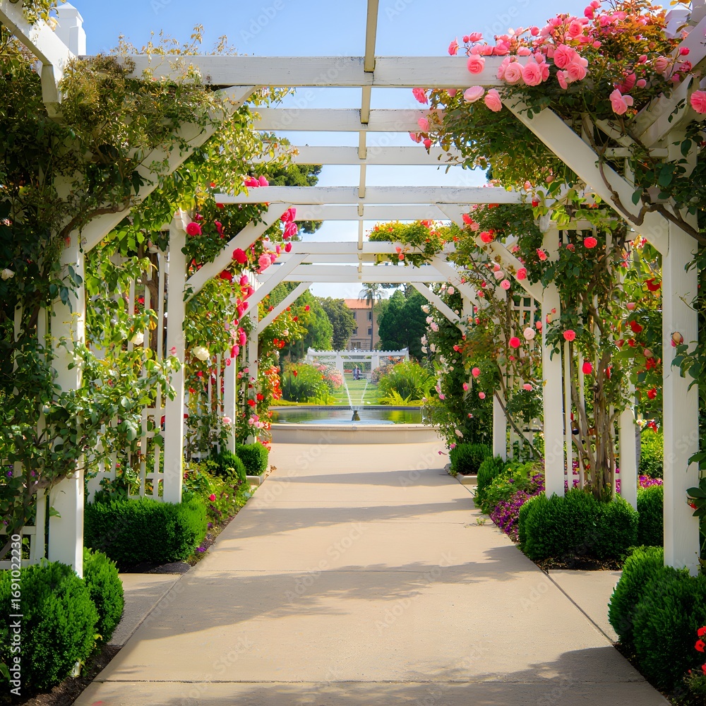 Obraz premium Flower garden in the park near old town houses and stone streets