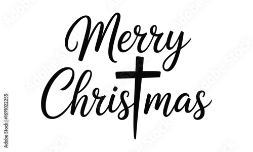 Merry Christmas Typography with Cross Design, Religious Holiday Greeting with Christian Faith Symbol, Elegant Script Christmas Text, Festive Seasonal Decoration for Christian Holiday Cards, Winter Gre
