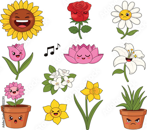 Cartoon flower emotion set with smiling sunflower, winking daisy, sad tulip, angry plant, musical notes, cheerful icons for kids