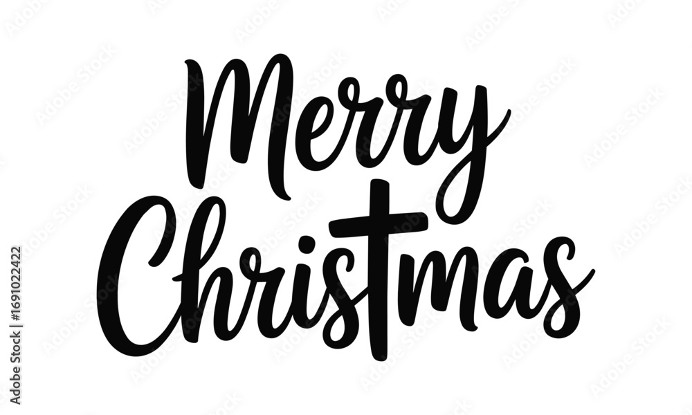 Obraz premium Merry Christmas Typography with Cross Design, Religious Holiday Greeting with Christian Faith Symbol, Elegant Script Christmas Text, Festive Seasonal Decoration for Christian Holiday Cards, Winter Gre