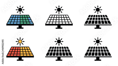 Six Diverse Solar Panel Icons:  Clean Energy, Sustainable Technology,  Renewable Resource,  Graphic Illustrations,  Modern Style,  Color Variations