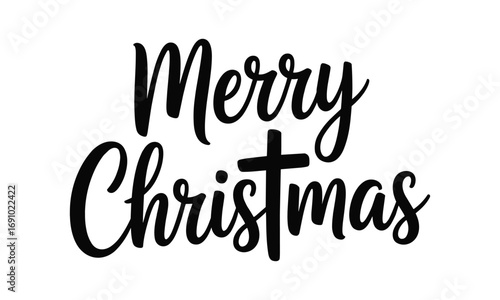 Merry Christmas Typography with Cross Design, Religious Holiday Greeting with Christian Faith Symbol, Elegant Script Christmas Text, Festive Seasonal Decoration for Christian Holiday Cards, Winter Gre