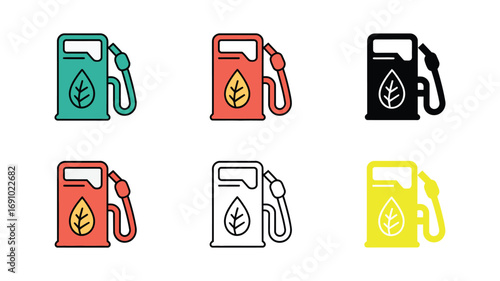 Biofuel Gas Station Icons:  Multiple Color Options, Clean Energy Symbol, Flat Design, Sustainable Fuel, Eco-Friendly, Renewable Resource, Vector Illustration.