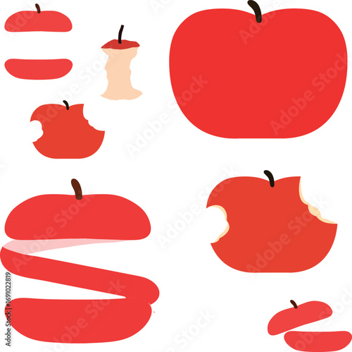 Collection of flat vector illustrations of apples in various forms including whole apple, bitten apple, apple core, slices, peel, and half cut apple. Perfect for food design, nutrition posters, health