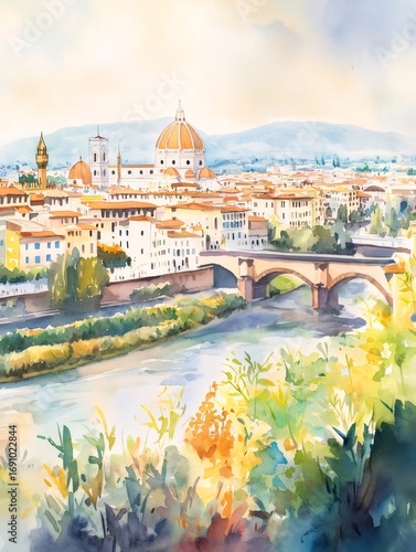 水彩画のフィレンツェの風景 アルノ川に架かる橋と大聖堂のあるイタリアの都市の遠景