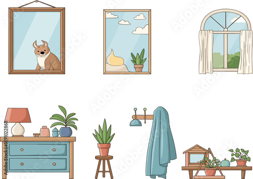 Wallpaper Mural Cartoon home decor set, cozy furniture, indoor plants, wall art, windows, shelves, stylish interior clipart for kids and products Torontodigital.ca